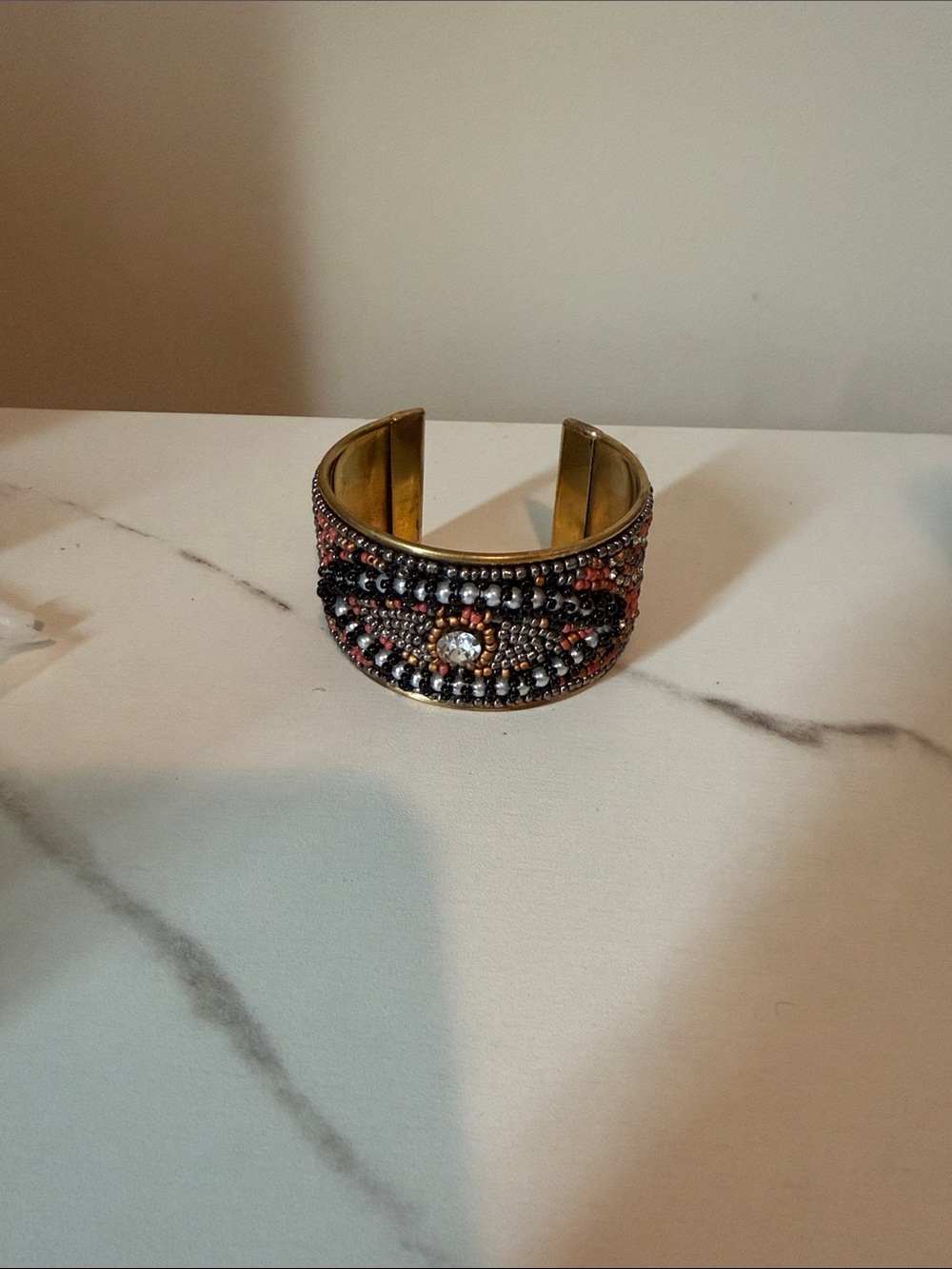 Evil Eye Beaded Brass Cuff Bracelet in Black‎ and Coral